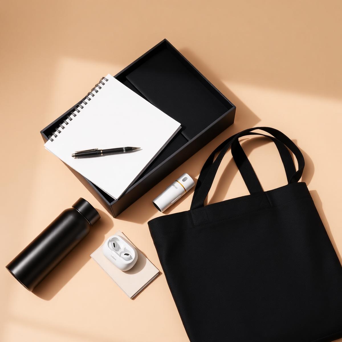 Curated Gifting Genie corporate product kit with notebook, pen, earbuds, water bottle and tote